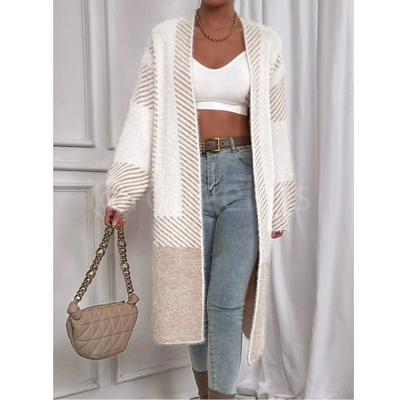 Fuzzy Longline Duster Cardigan Open Long Sleeve Colorblock White Beige - Picture 7 of 9